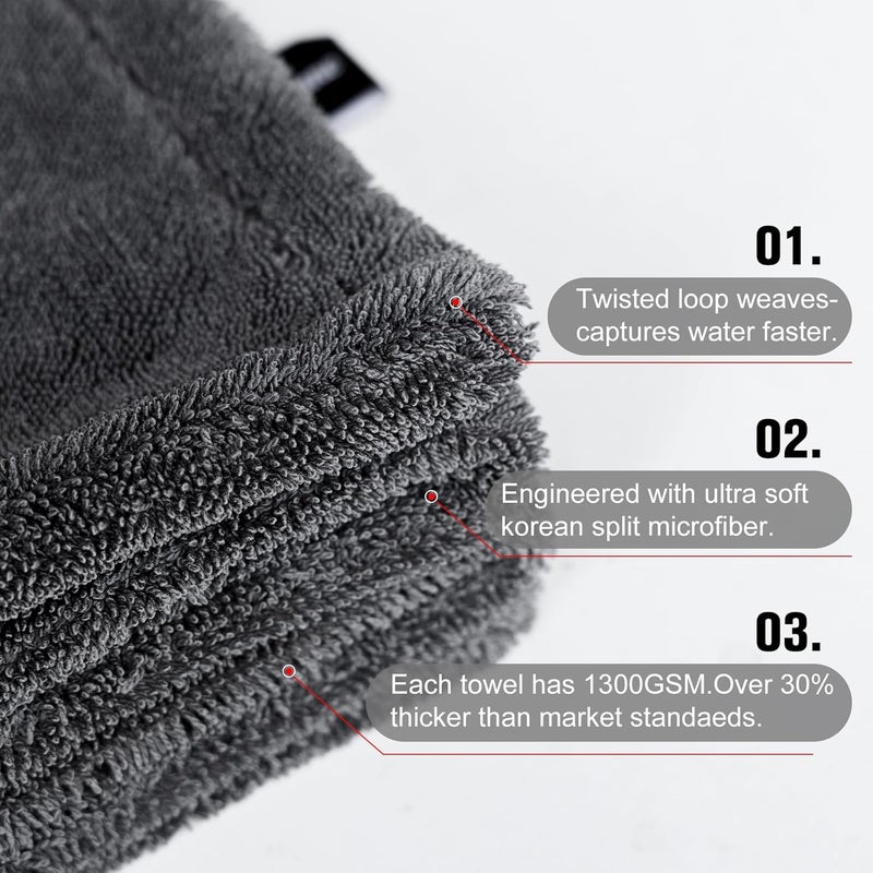 Singrune 2 Pack XL Car Drying Towel – 1300GSM Ultra Absorbent Microfiber, 24"x36" Large Size, Twisted Loop, Lint-Free & Streak-Free for Auto Detailing, Car, SUV, Truck (Gray-Gray) - Image 5